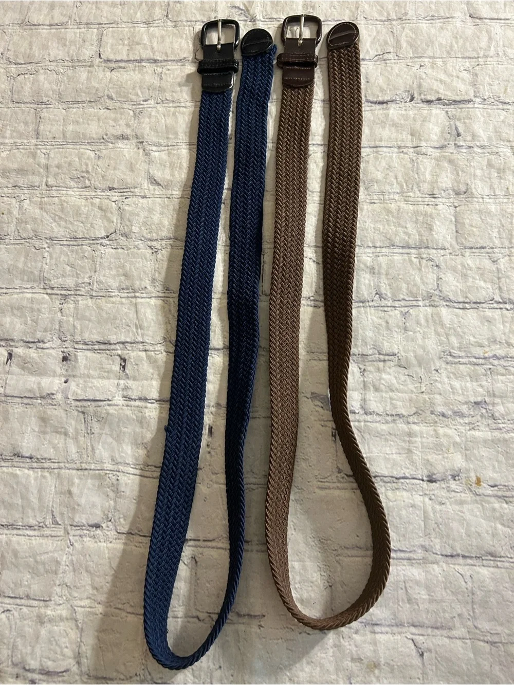 VINTAGE BROWN AND NAVY WITH LEATHER COVERED BUCKLES MEN STRETCH BELTS